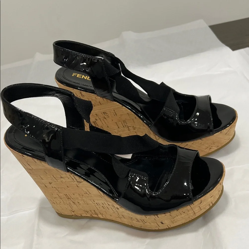 Fendi Black Patent Leather Wedges